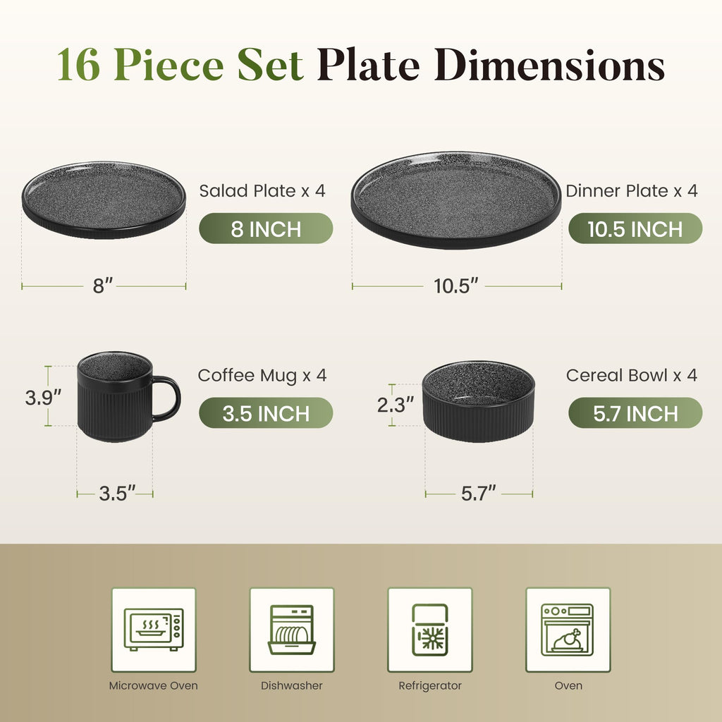 Fluted Ceramic Dinnerware Sets for 4, 16Pcs Stoneware Plates and Bowls Sets Non Toxic, Black Dishes Set, Oven &
