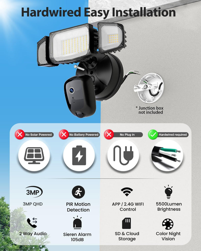 Floodlight Camera Outdoor - 2K QHD Security Cam with Motion-Activated Flood Lights, Custom Detection Zones, Color