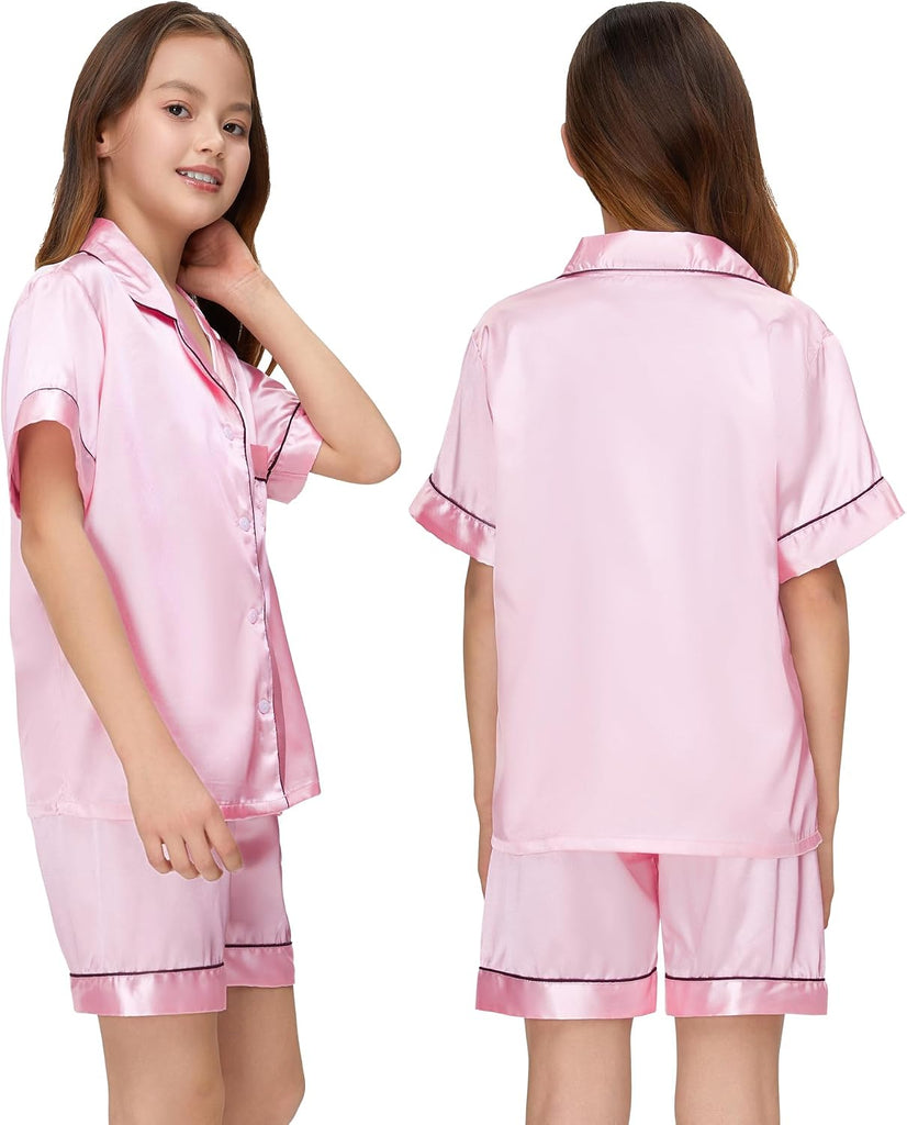 Kids Silk Pajamas Girls Satin Pajama Set Button Down Pjs Set