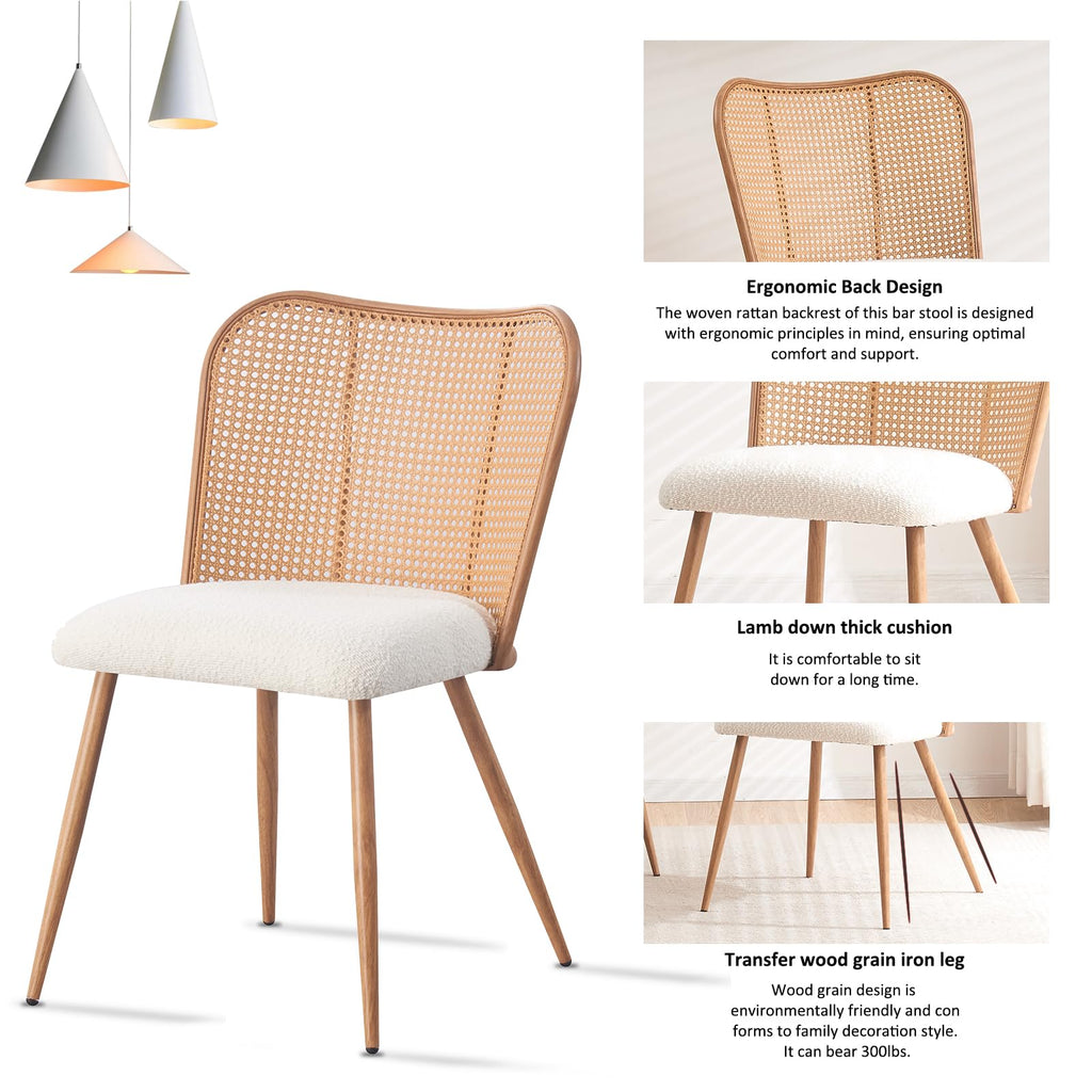 Rattan Dining Chairs Set of 4, Modern Chairs with Cane Back Upholstered Boucle Kitchen Chairs Armless Side Chair with