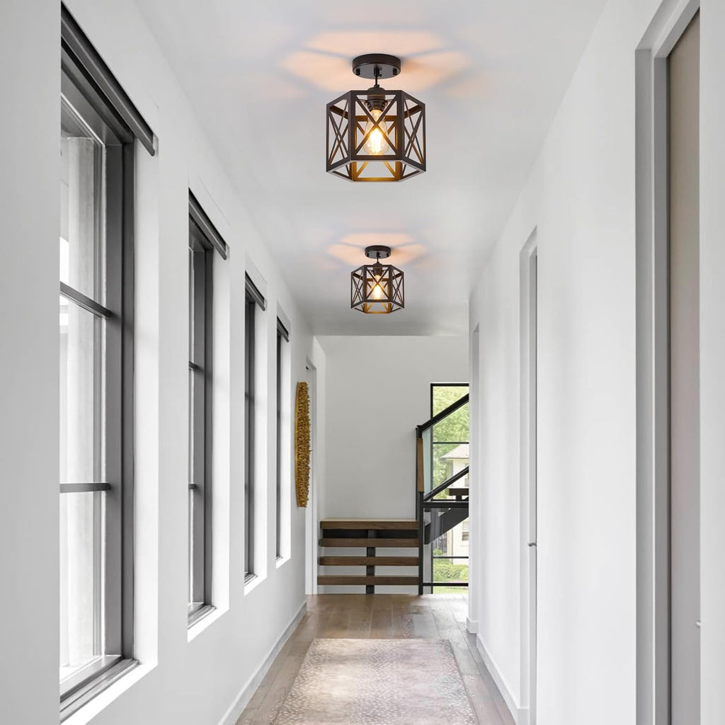 2 Pack Farmhouse Pendant Lights, Modern Black Hanging Light Fixture with Hexagonal Cage, Industrial Metal Ceiling
