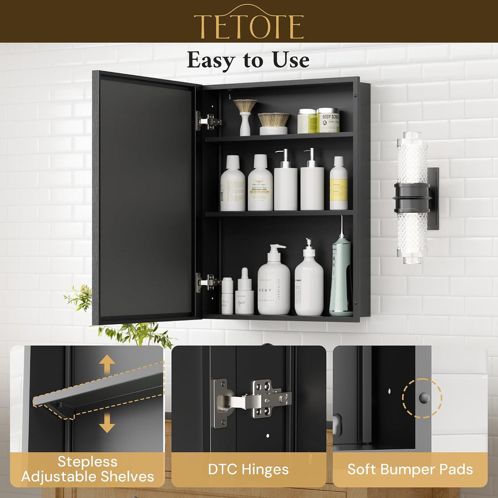 Medicine Cabinet Mirror 16" x 24" Black Aluminum Frame Medicine Cabinet with Beveled Mirror, Stepless Adjustable