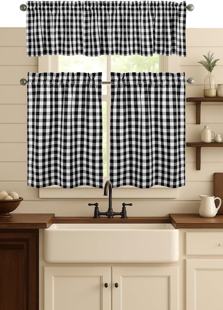 Black & White 3 Piece Gingham Tier and Valance Set - Semi Sheer Window Curtain 2 Tiers 26"x36" & 54"x18" Valance, Rod