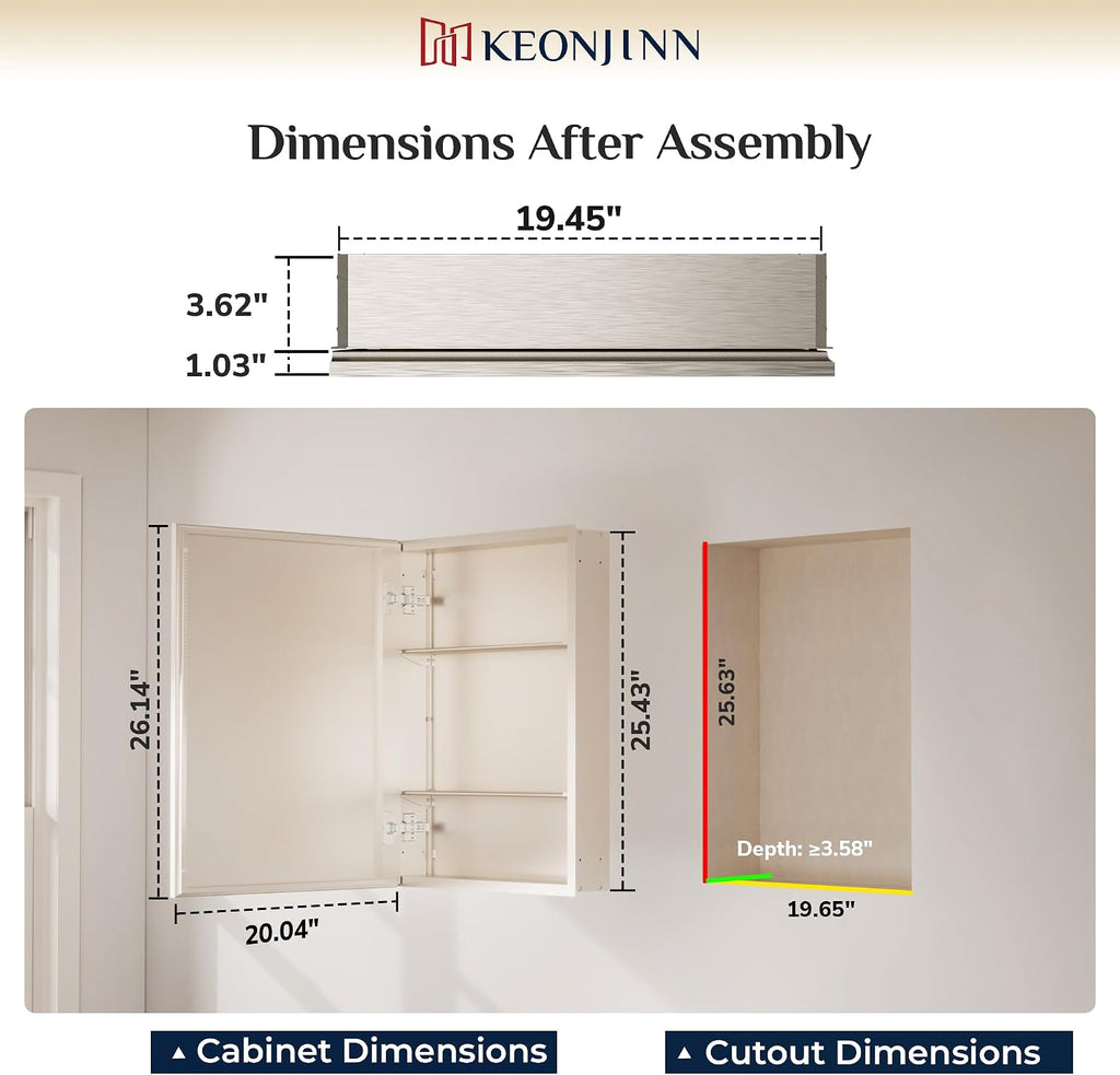 Bathroom Medicine Cabinet with Mirror 20 x 26 Inch, Brushed Nickel | Assembly Needed, Stepless Adjustable Shelves