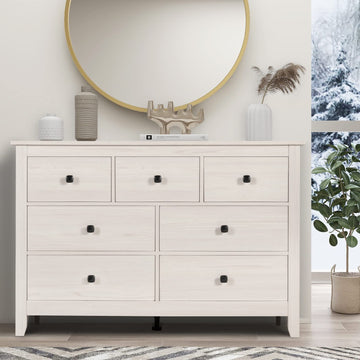 7 Drawer Dresser - Wooden Bedroom Dressers, Storage Drawers Cabinet, Farmhouse Chest of Drawers, White Oak