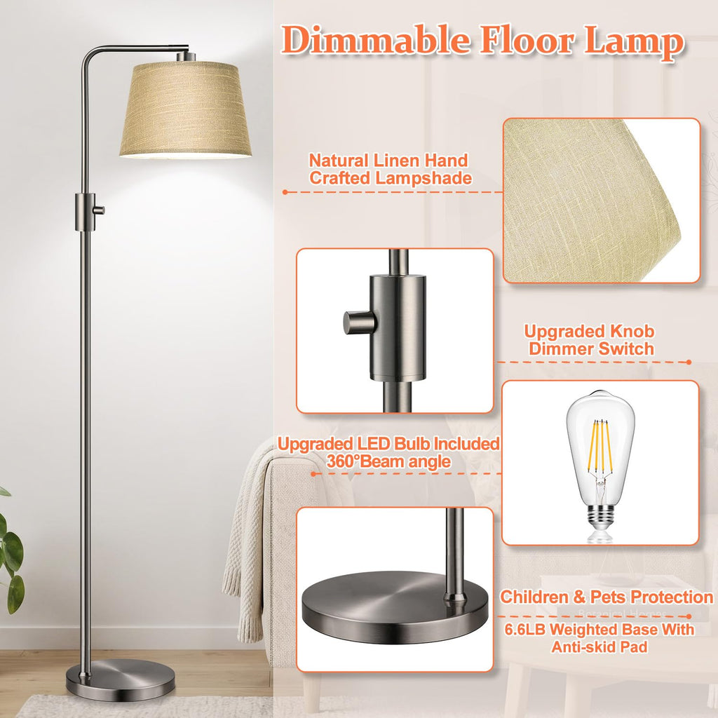 Upgraded) Dimmable Arc Floor Lamp, 1000 Lumens LED Edison Bulb Included, Modern Standing Lamp with Champagne Shade
