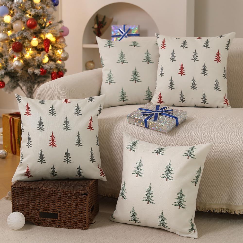 Christmas Pillow Covers 20x20 inch Christmas Tree Decorative White Throw Pillow Covers Winter Famliy - Set of 2