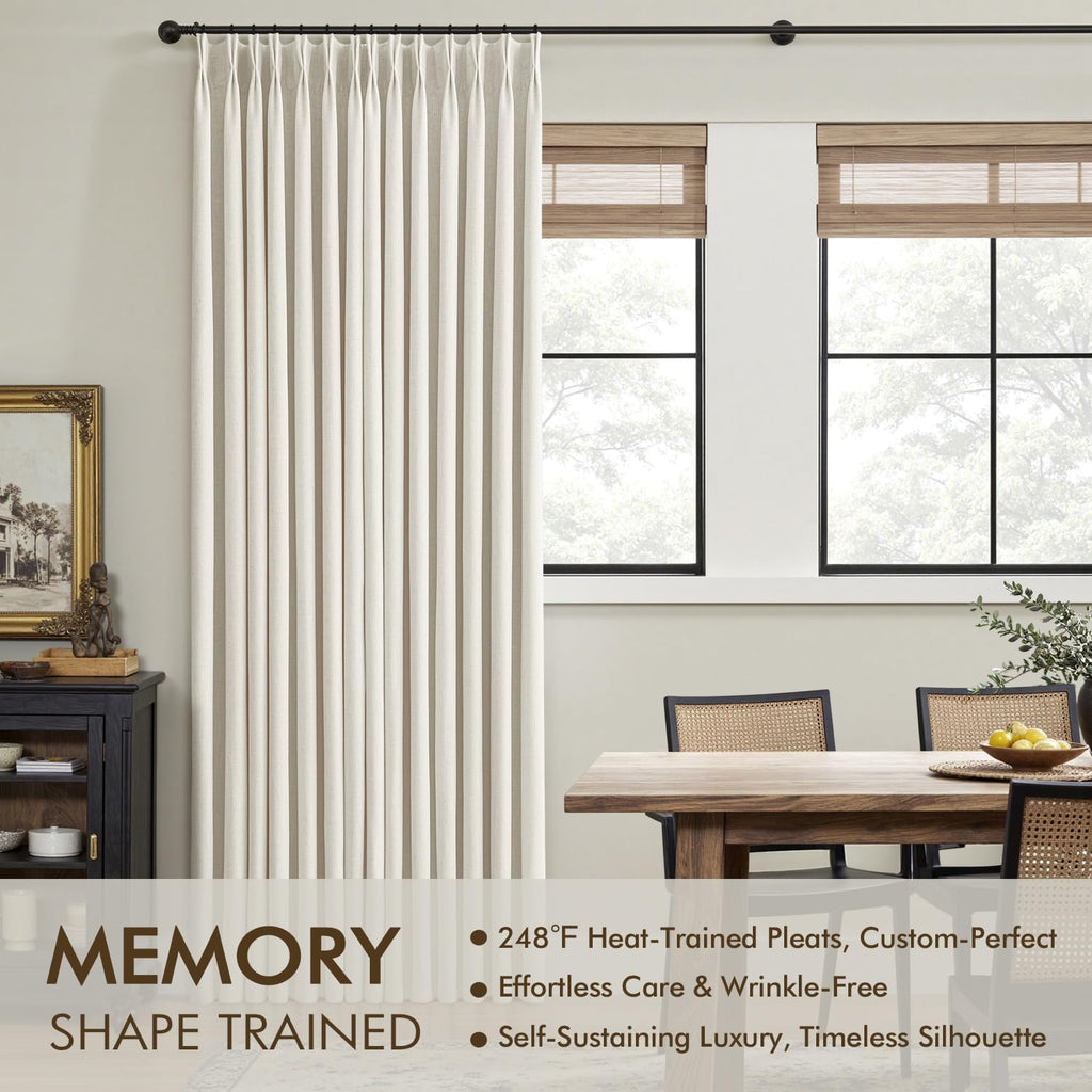 Natural Pinch Pleated 100% Blackout Linen Curtains, Room Darkening Light Blocking Window Curtains 84 inches Long