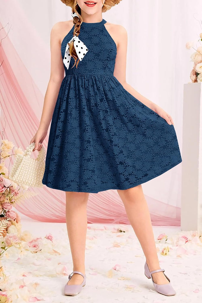 Girls Elegant Floral Lace Junior Bridesmaid Flower Girl Dress