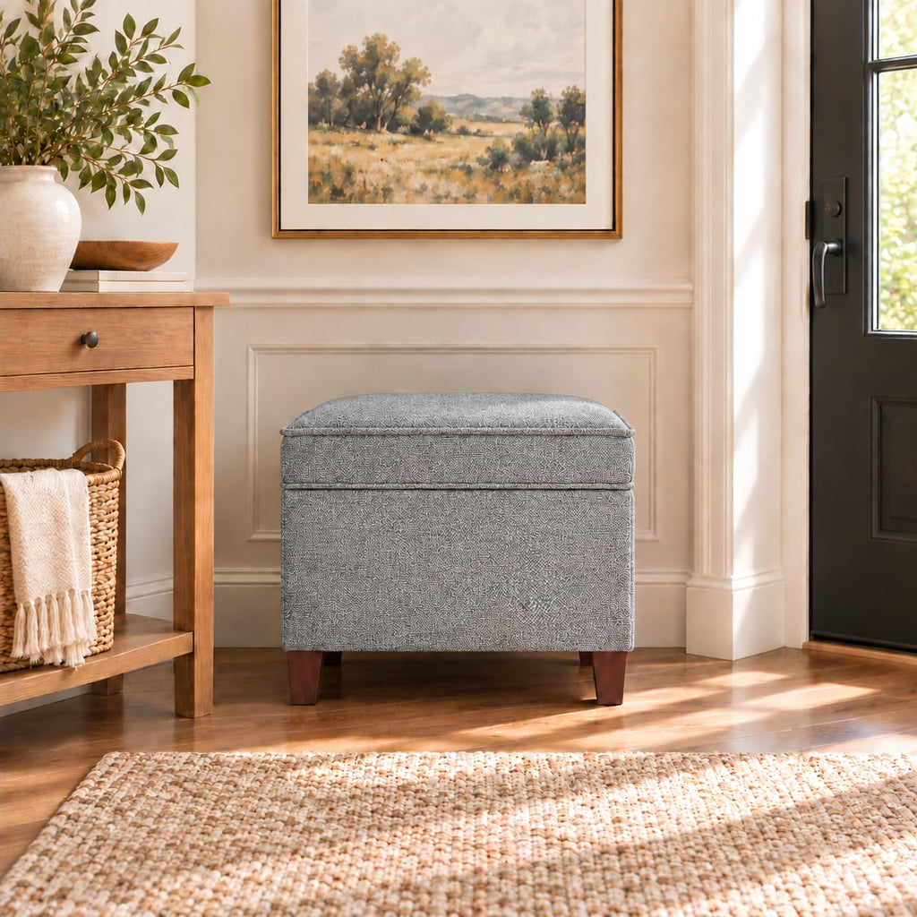 Linen Storage Ottoman with Wooden Legs, 17" Square Upholstered Flip-Top Footrest Stool, Extra Seat or Coffee Table