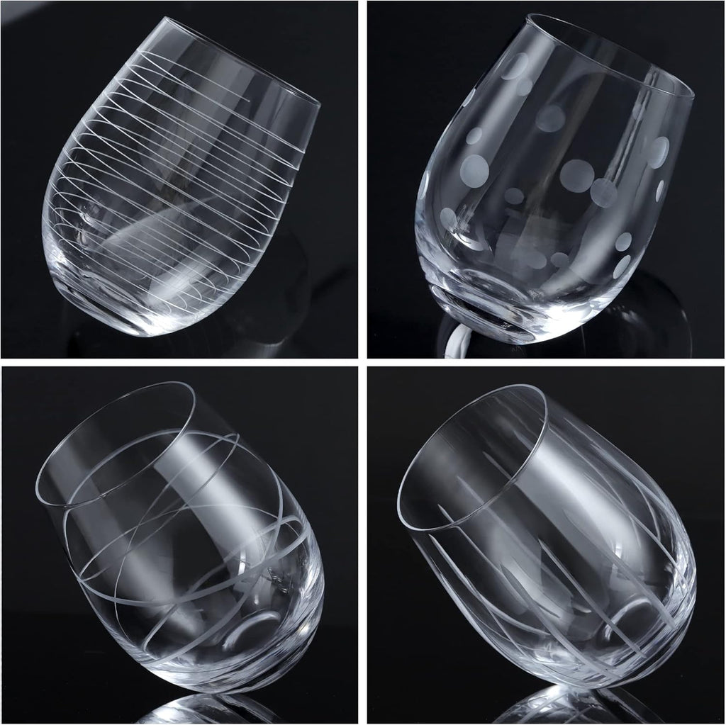 Hand Blown Etched Stemless Wine Glasses with Dots Strips Pattern for Red Wine,Large Carved Drinking Glass Cups