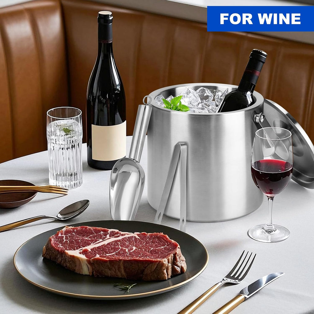 Ice Bucket, 3L Double Wall Insulated Ice Bucket with Lid,Scoop,Tongs- Inner Layer 304 Stainless Steel Ice Container