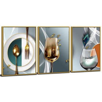 Gold Framed Teal Gray Wine Glass Wall Art - Abstract Cups Canvas Prints Posters Decor - Geometric Shaped Artwork Home