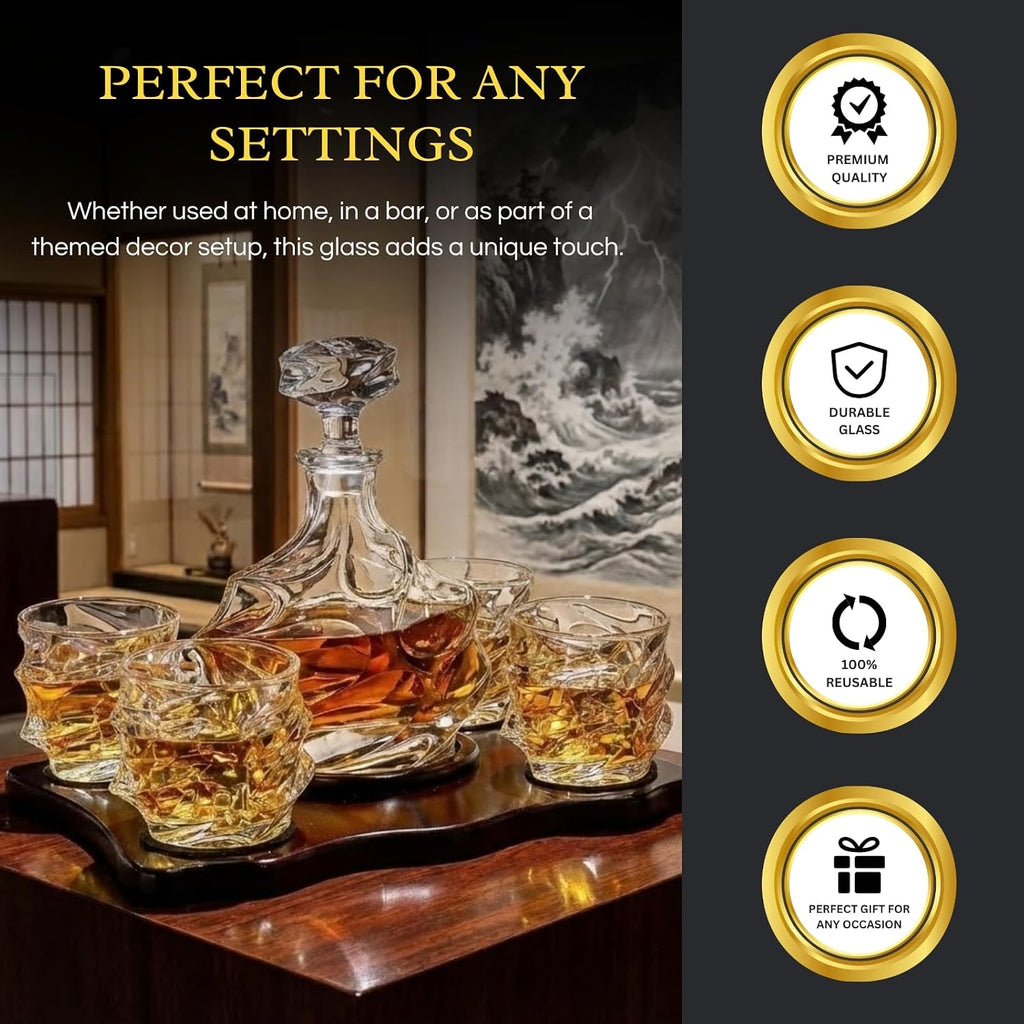 Storm Japanese Crystal Whisky Decanter Set with 4 Tumbler Glasses, Lead-Free Liquor Carafe & 10oz Rocks Glasses