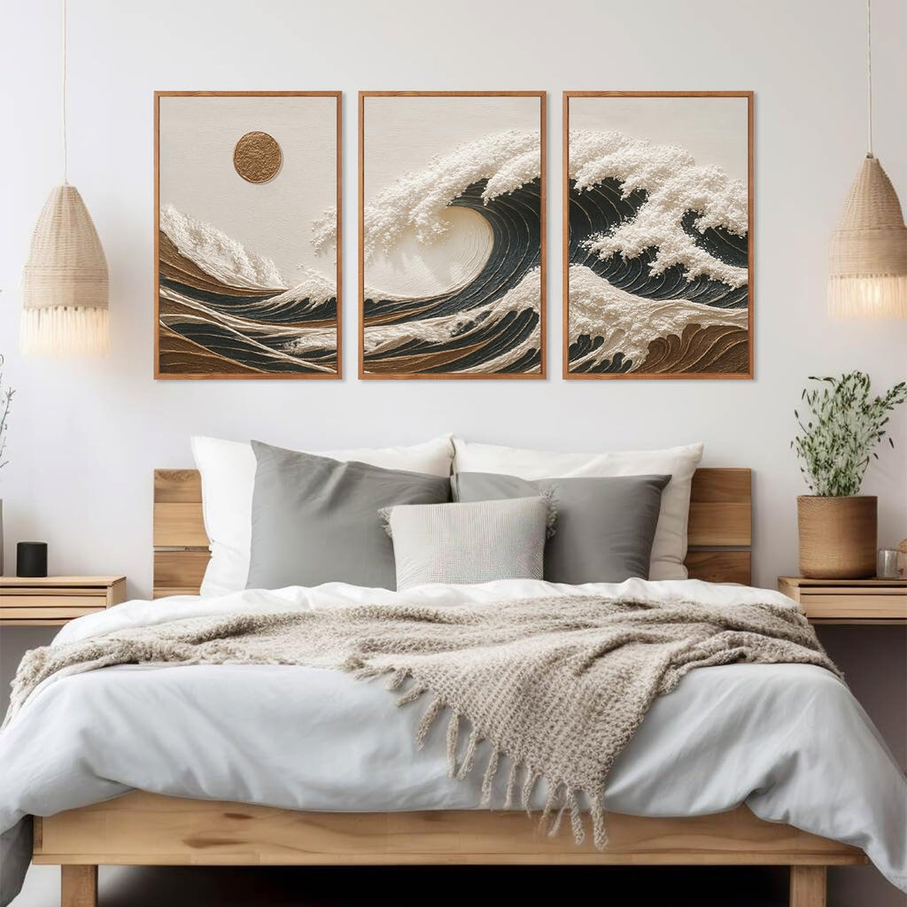 Great Wave Sunset Framed Canvas Wall Art, Abstract Sun Seascape Art Decor Set of 3(24"x36") Modern Ocean Beach Art