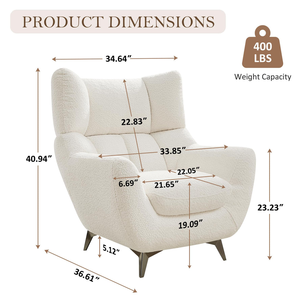 34.6" Oversized Accent Chair with WingBack, Teddy Boucle White