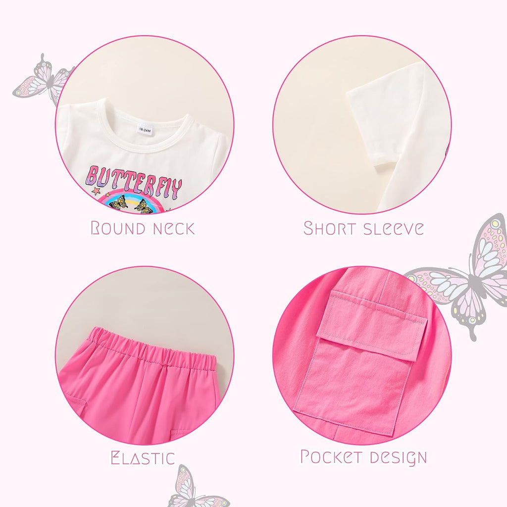 Toddler Girl Clothes Short Sleeve Butterfly Print T-Shirt Top Cargo Pants with Pockets Summer Clothing Sets