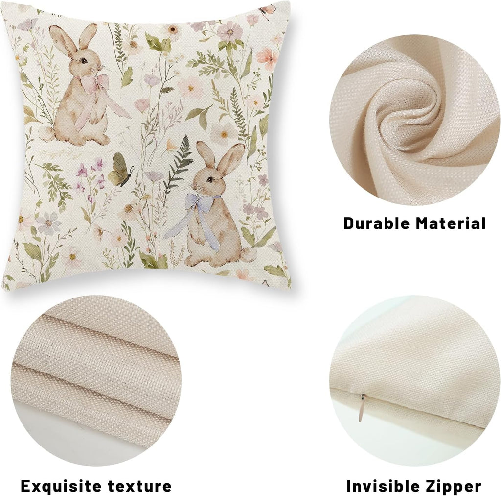 Spring Easter Pillow Covers 18x18 Inch Botanical Watercolor Floral Bunny Throw Pillows Flower Rabbit - Set of 2