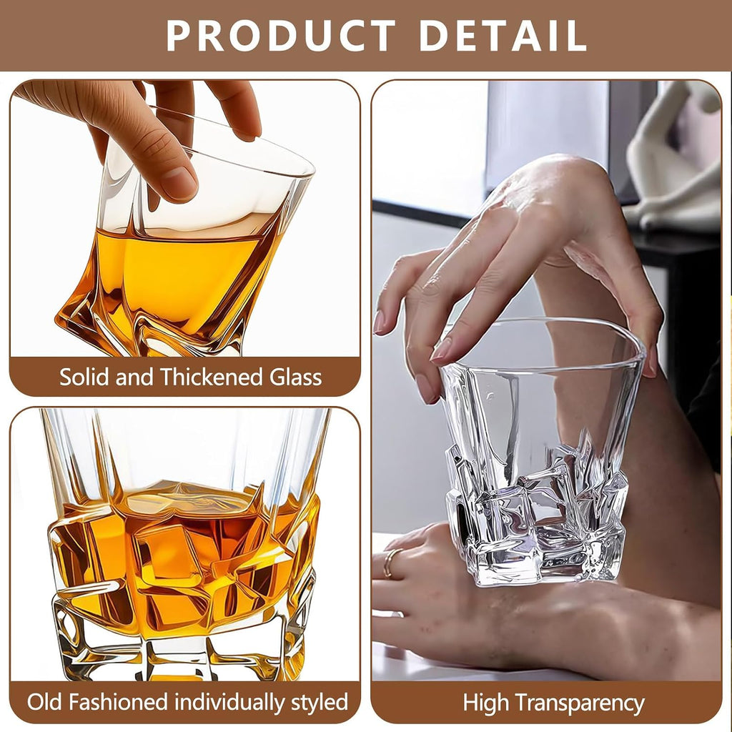 Crystal Whiskey Glasses Set of 6-10oz Old Fashioned Rocks Glasses with 3 Unique Designs - Heavy Base Tumblers for