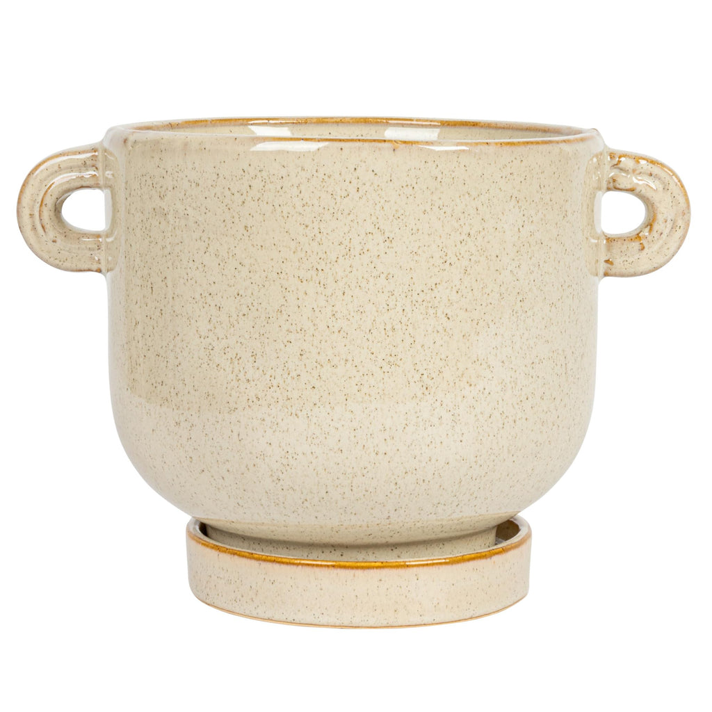 8.25 Inches Stoneware Face Planter with Reactive Glaze, Handles, and Saucer, Holds 5 Inches Pot, Cream Color