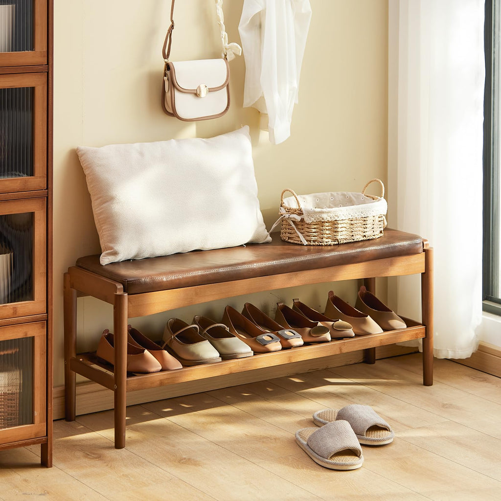 Shoe Rack Bench Entryway Bamboo Shoe Storage Bench with Leather Cushion 2 Tiers Shoe Rack Entryway Bench (Walnut