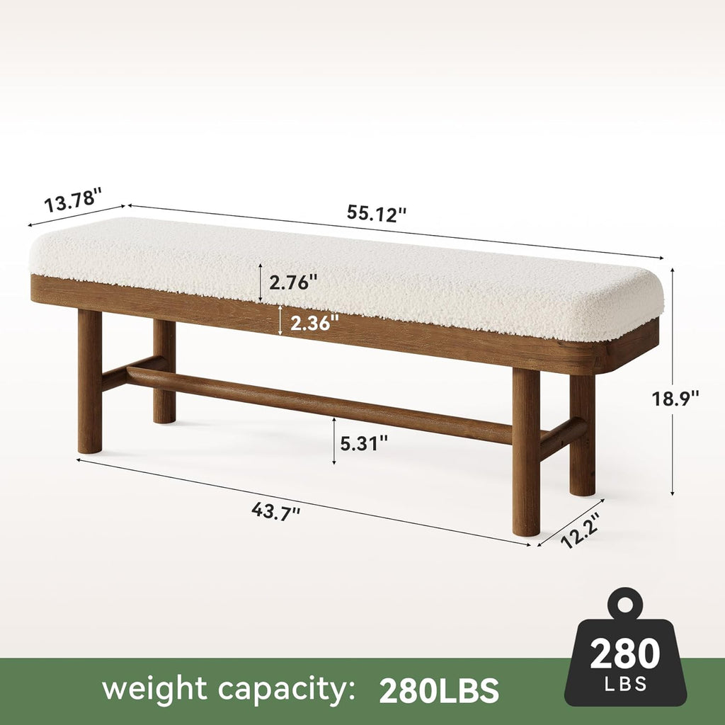 55" Upholstered Bedroom Bench, Solid Wood End of Bed Bench, Modern Indoor Bench with Cushion , White & Brown