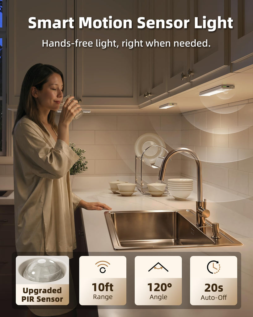 Under Cabinet Lighting Wireless, 6Pack Rechargeable Counter Lights, 1800mAh LED Motion Sensor Light Indoor, Dimmable