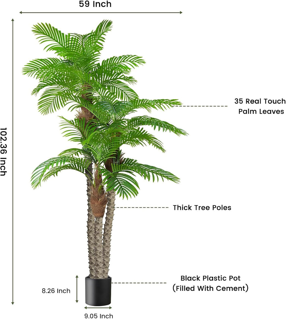Artificial Palm Trees for Outdoors- 8.5ft Tall Triple Tropical Palm Artificial Tree, UV Resistant Fake Palm Plant