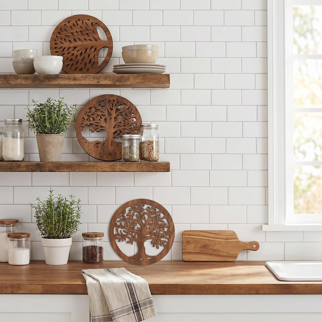 Wooden Trivets for Hot Dishes, Rustic Round Tree Trivet Set, Heat Resistant Hot Plate Holders for Pots, Pans - Set of 6