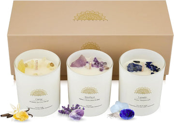 Healing Crystal Candle Gift Set Citrine, Amethyst & Lazurite Hand-Poured Soy Wax French - Set of 3