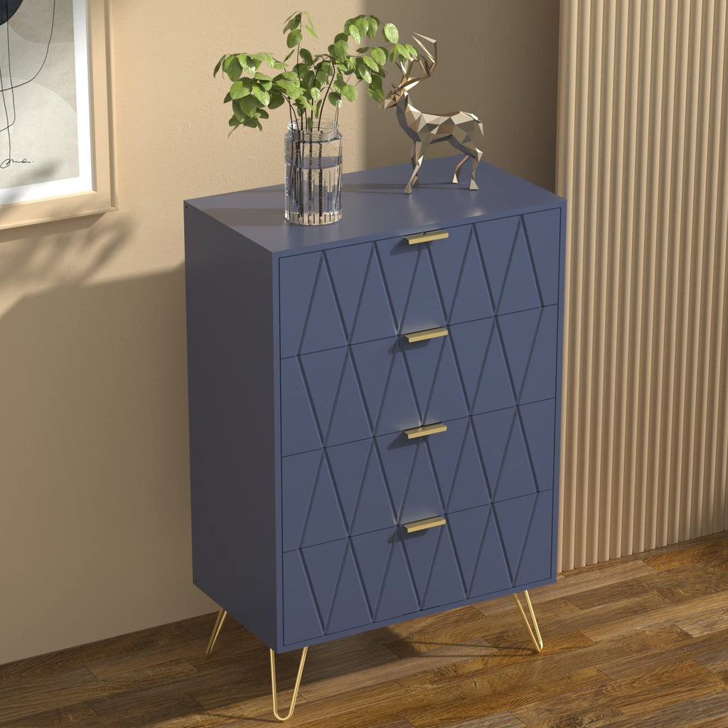 Navy Blue Tall 4 Drawer Dresser Black with Gold Handles, Drawer Chest Tall Storage Dresser Cabinet Organizer Unit