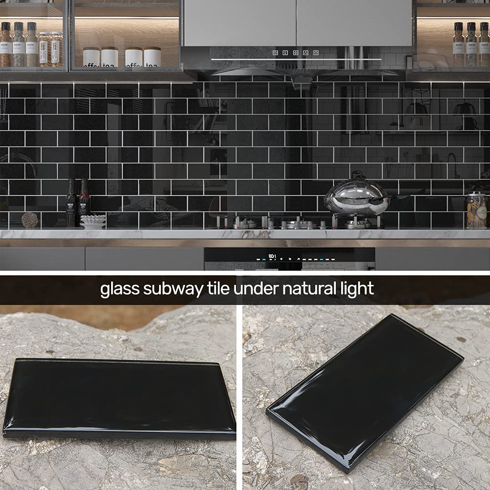 Glass Subway Tile Black 3 x 6 Inch Glass Backsplash Backsplash Bathroom Shower Wall Pack of 32 Sheets