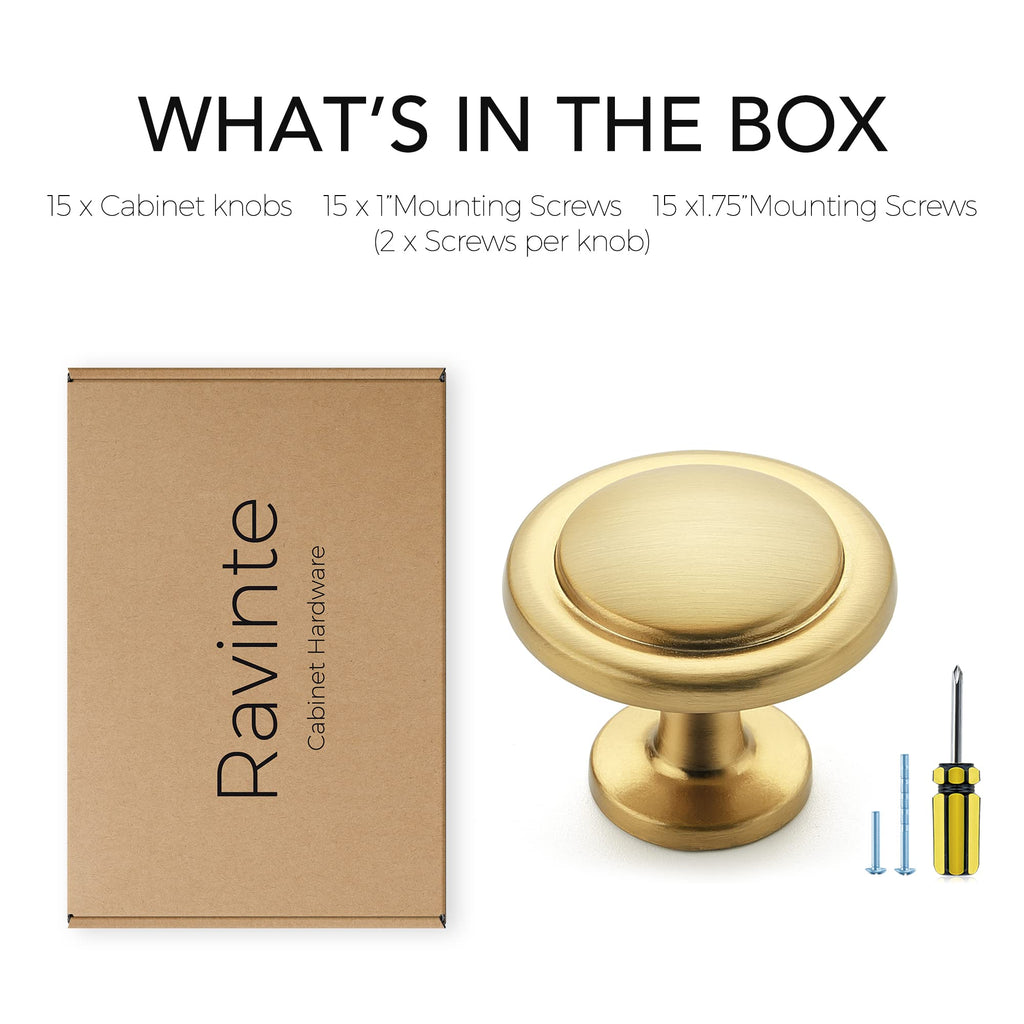 Brushed Brass Solid Knobs Gold Kitchen Cabinet Pull,15 Pack,Round-1