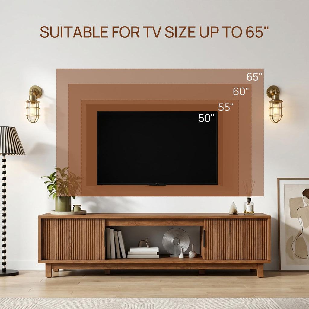 Fluted TV Stand, Mid Century Modern TV Stands, Walnut Entertainment Center for 55/60/65 Inch TV, Media Console with