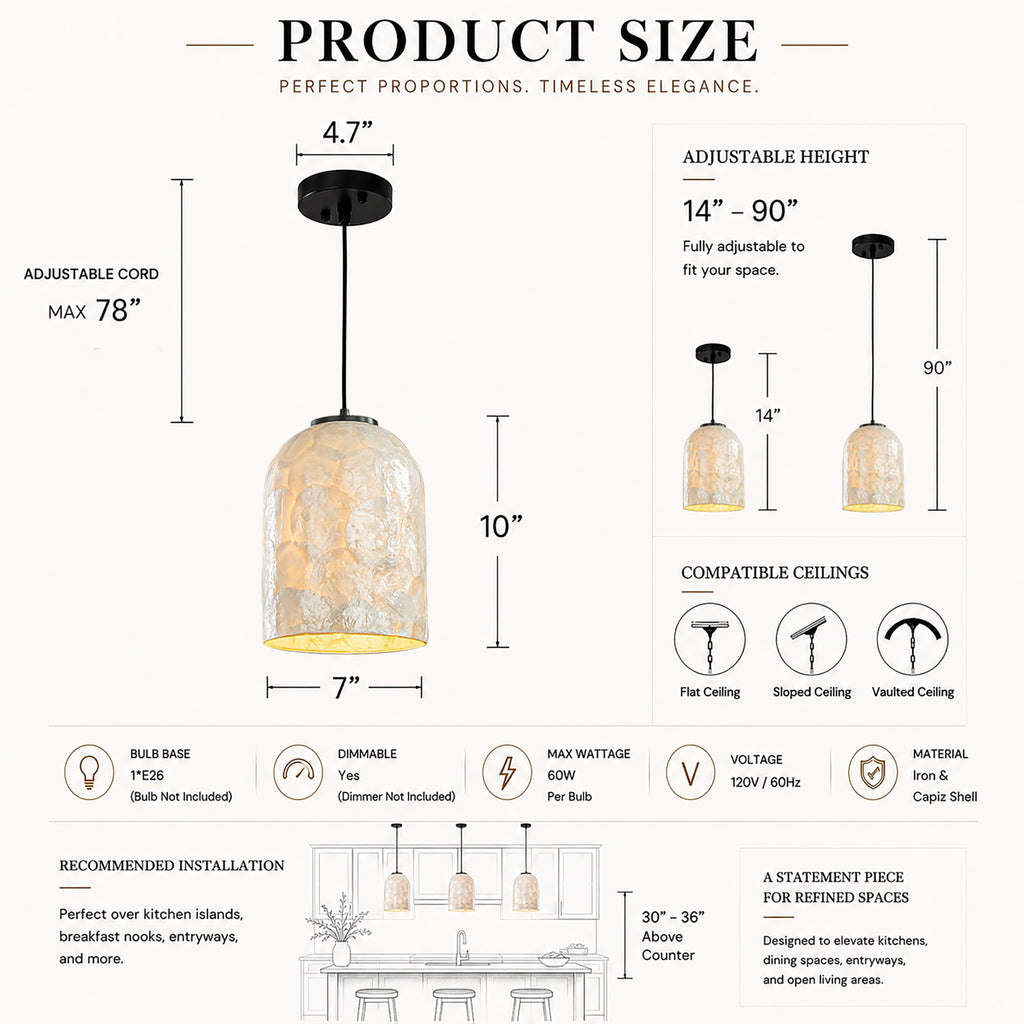1 Light W7 in Small Coastal Capiz Shell Pendant Light Modern Farmhouse Cylinder Hanging Light Whit Natural White