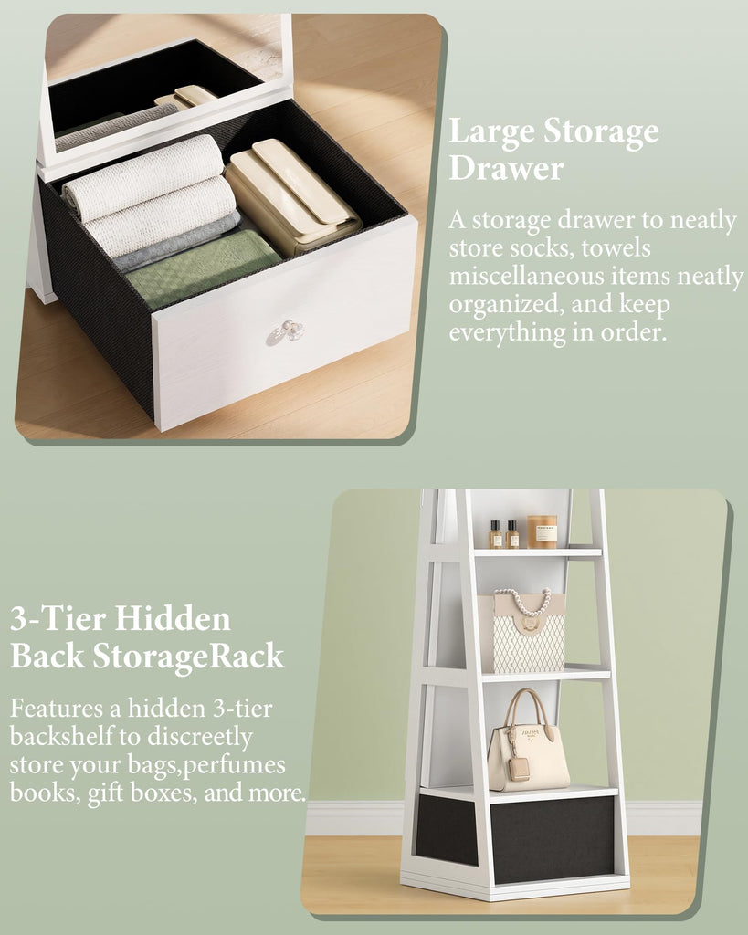 Jewelry Armoire with Bottom Drawer Rotatable Jewelry Cabinet, White