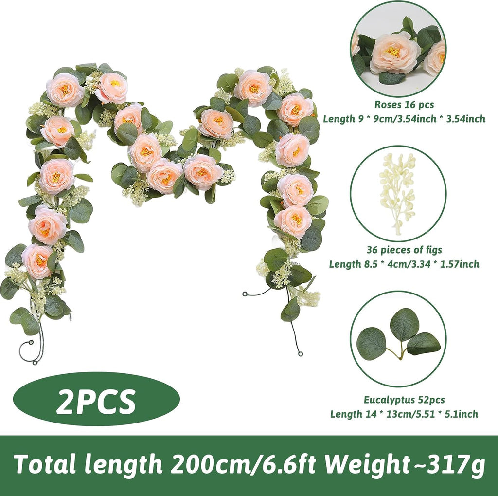 Pink 6.6Ft Artificial Eucalyptus Flower Garland with Fake Rose Flower Vine Seeded Eucalyptus Leaves Greenery - Set of 2