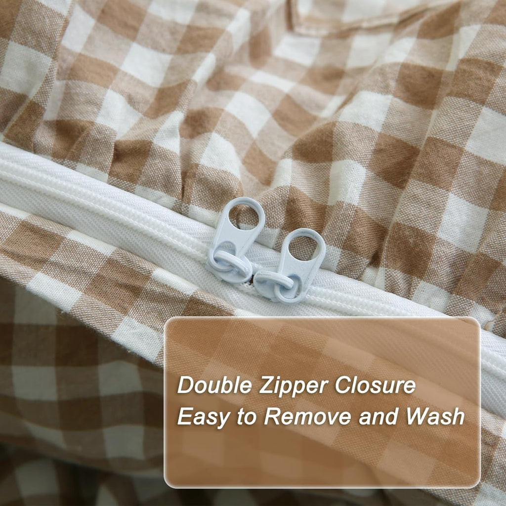 Taupe/White Plaid Ruffle Duvet Cover King,100% Washed Cotton 3 Pcs Vintage Checkered Chic Gingham Bedding Set