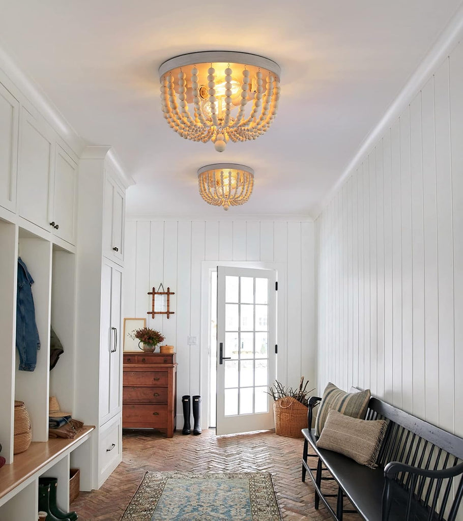 Boho Chandelier Wood Beaded Flush Mount Ceiling Light Fixtures Baby Bedroom Kitchen Hallway,Oak White Finish, Lights