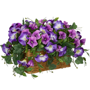 Fake Floral Centerpieces for Tables Artificial Potted Morning Glory Silk Flowers with Woven Rattan Basket Faux Flower