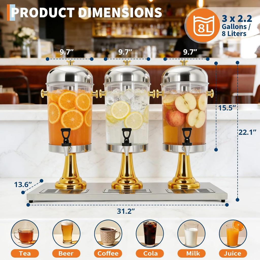 6.6 Gal Triple Head Beverage Drink Dispenser with Ice Core, Gold Stand