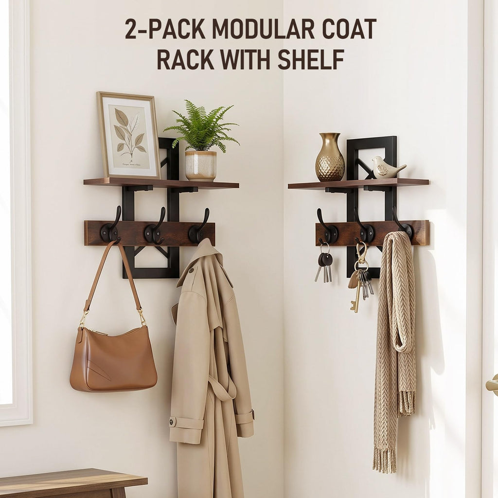 33.86" Wall Mounted Coat Rack with Shelf, Heavy Duty Entryway Wall Organizer with 6 Dual Hooks and Key Holder, Rustic