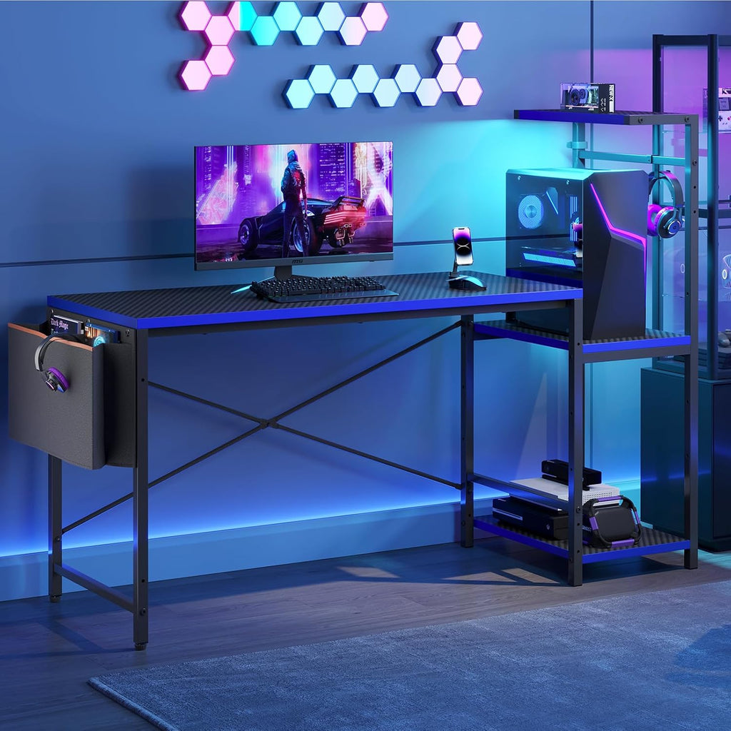 60'' Gaming Desk with LED Lights, Side Storage Bag, Black&Blue | Reversible Shelves, LED Lights, 4-Tier Storage