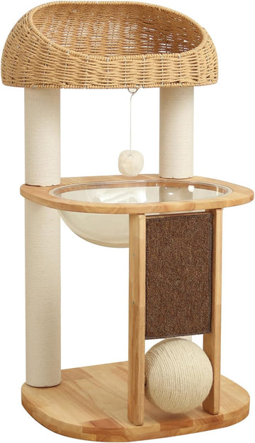 Wood Cat Tree for Large Cats, Modern Cat Tree Tower with Wide Shelves Cotton Scratching Posts, Super Sturdy Base