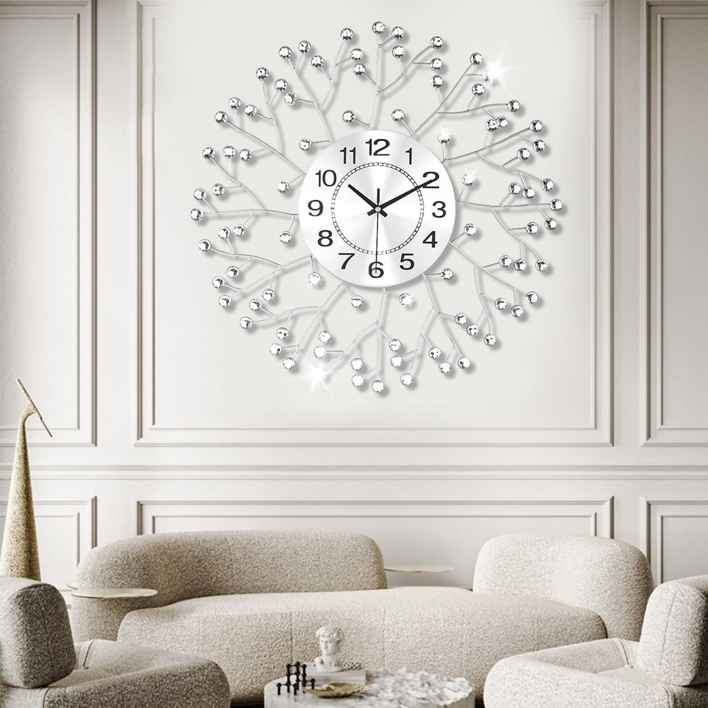 19.7 Inch Large Decorative Wall Clock Decor, Non-Ticking Quiet Modern Metal Starburst Bling Silver Crystal Wall Clock