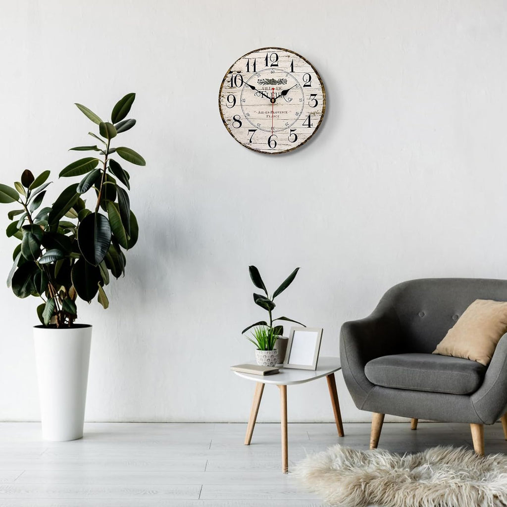 14 Inch Retro Vintage French Country Style Round Wooden Wall Clock Silent Battery Operated Non-Ticking Decorative