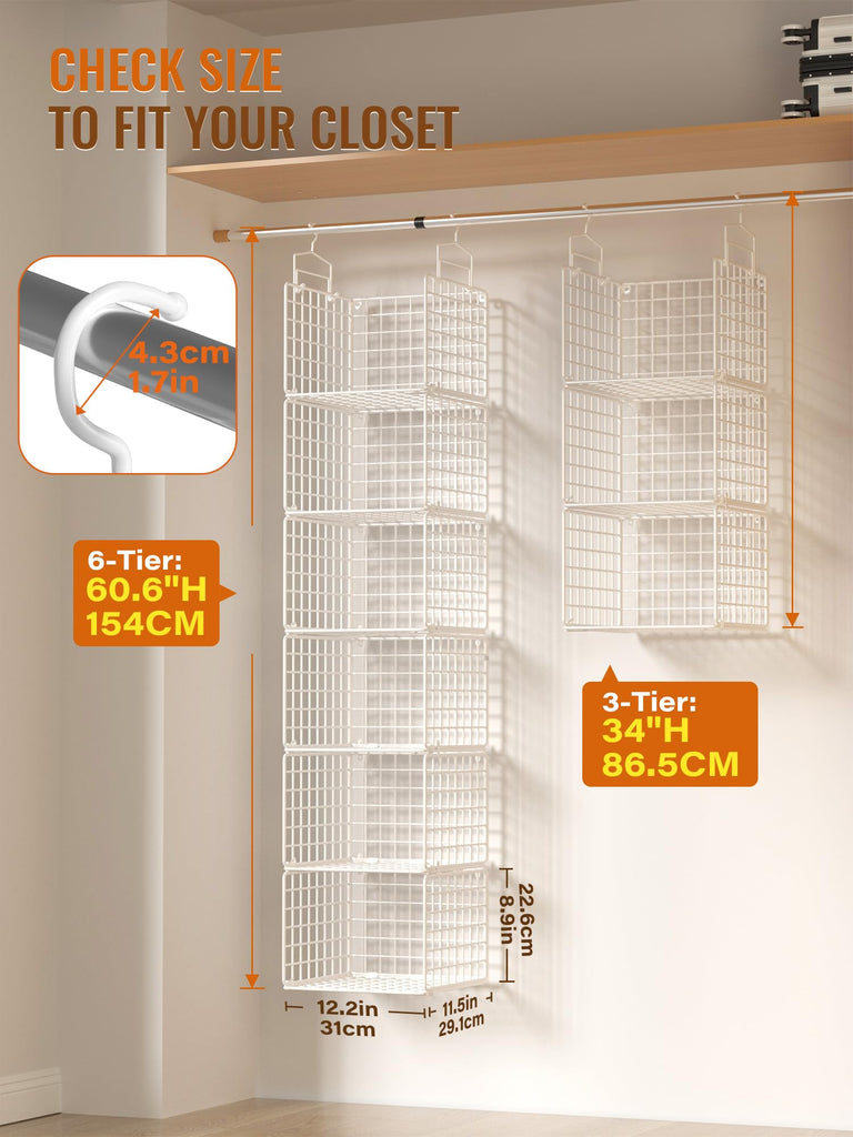 6 Tier Closet Hanging Organizer, Metal Closet Organizers and Storage with 4 Hanging Hooks 4 S-Hooks for Wardrobe
