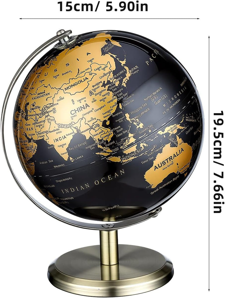 World Globe with Metal Stand - 6 inch Black Gold Small Desk Globe for Adults Home Office Desktop Decor, Luxury Style
