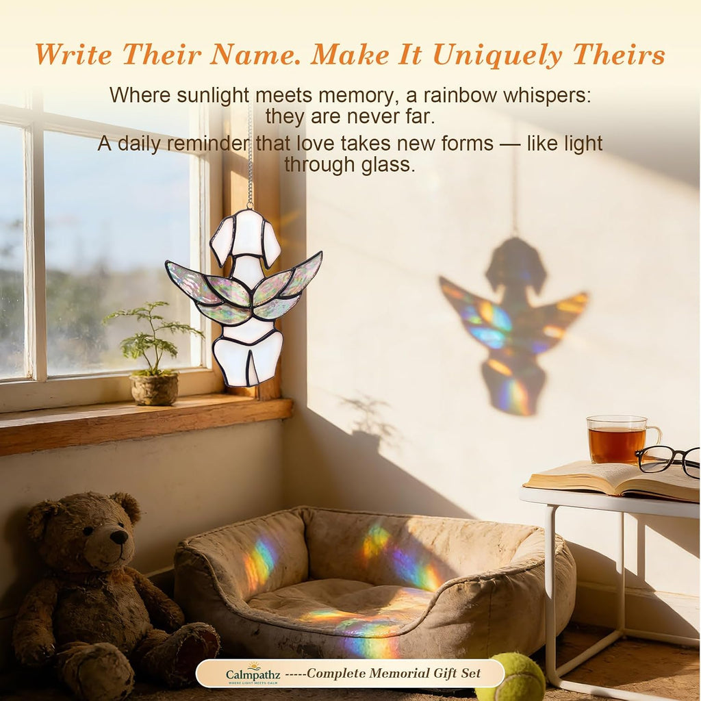 Rainbow Bridge Stained Glass Angel Suncatcher - Dog Memorial Gift