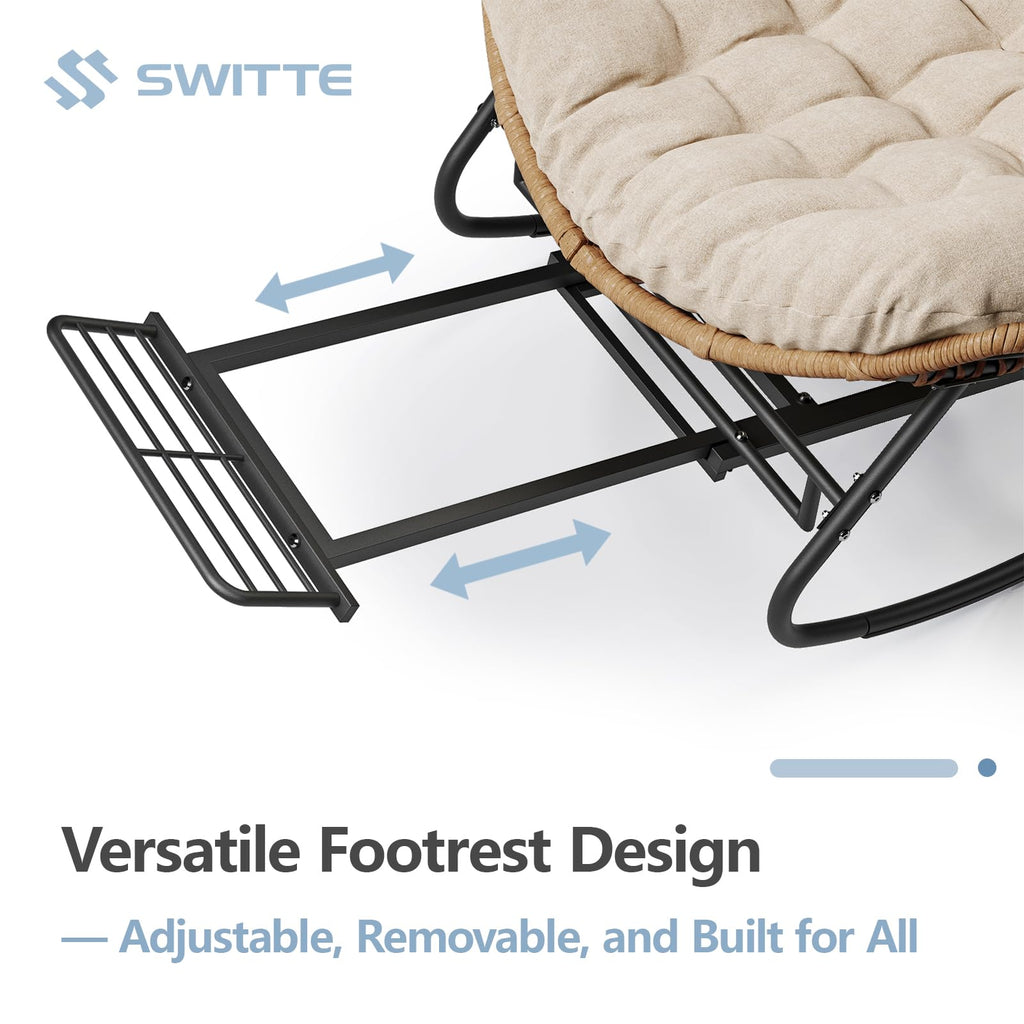 Papasan Rocking Chair with Footrest, Outdoor Wicker Egg Rocker, Khaki